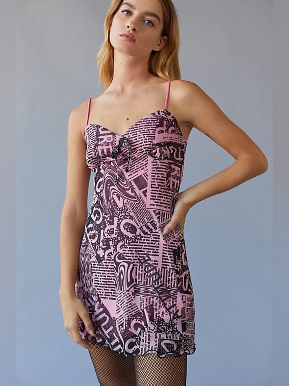 Urban Outfitters UO Elodie Mesh Slip Dress Newspaper Print Pink Black Size Large